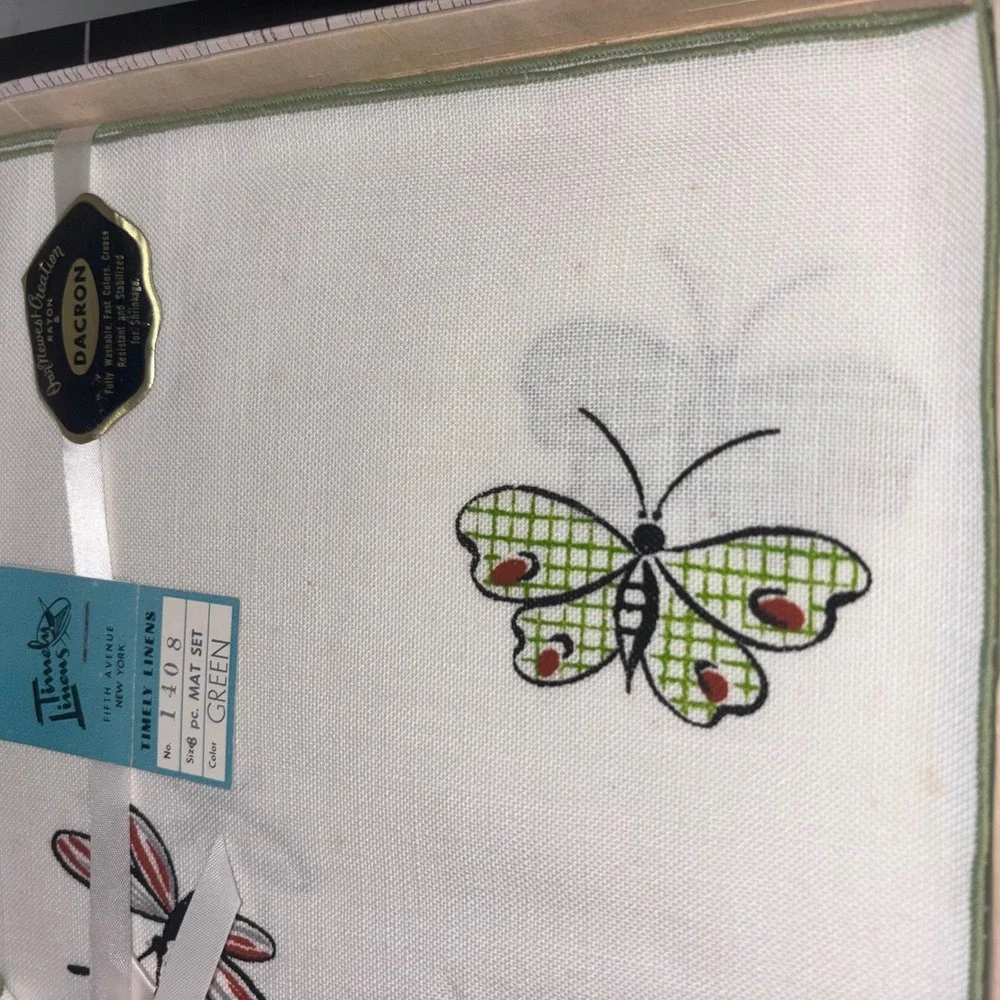 Vintage Timely‎ Linens | 8pc Set | Embroidered Butterfly | MCM | NEW Small Flaw